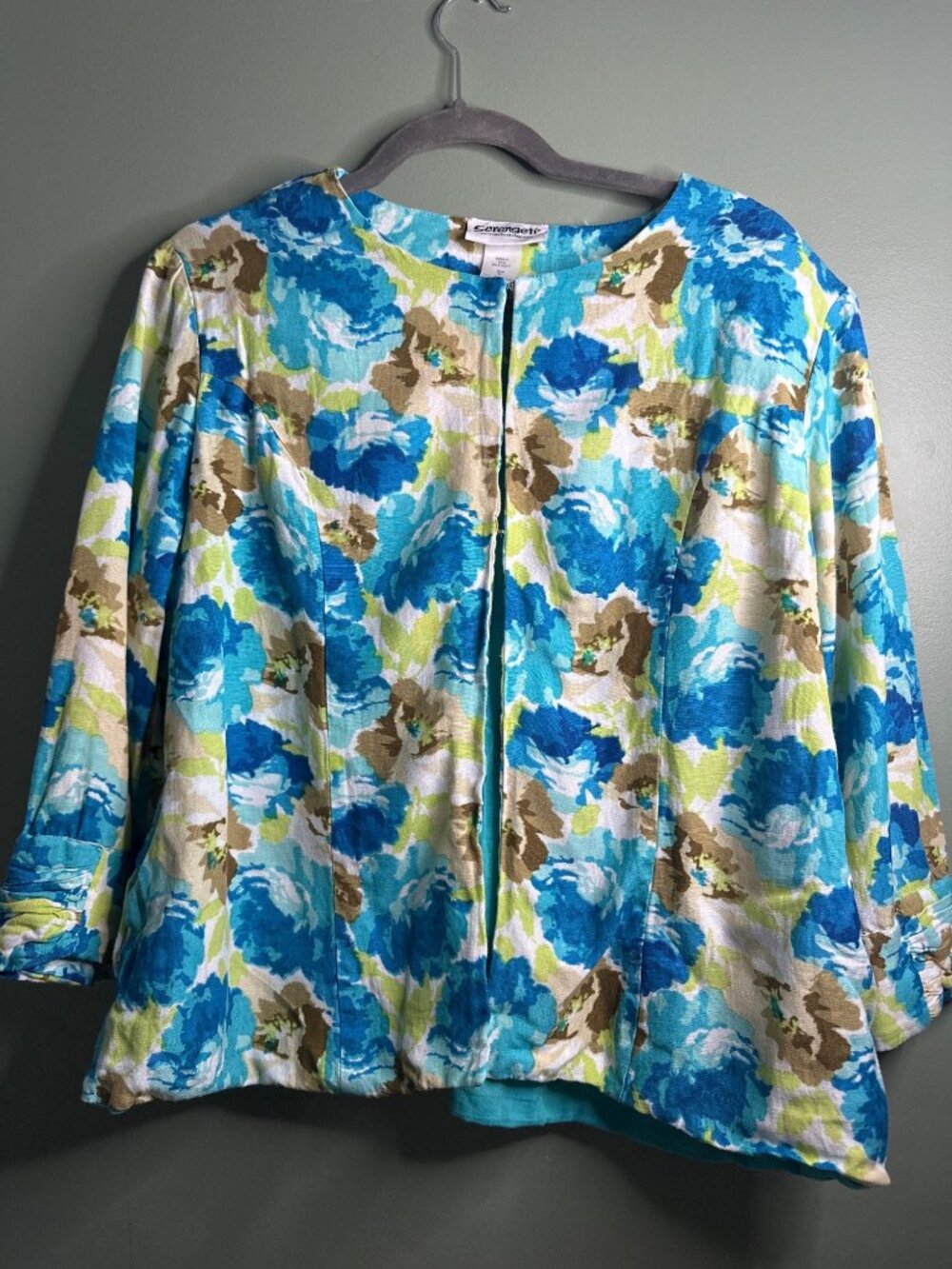 Serengeti Sportswear XL Floral Linen Blend Jacket Blue Coastal Grandmother